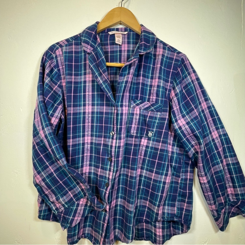 Victoria’s Secret Blue & Pink Plaid Pajama Top Women’s Size M EUC